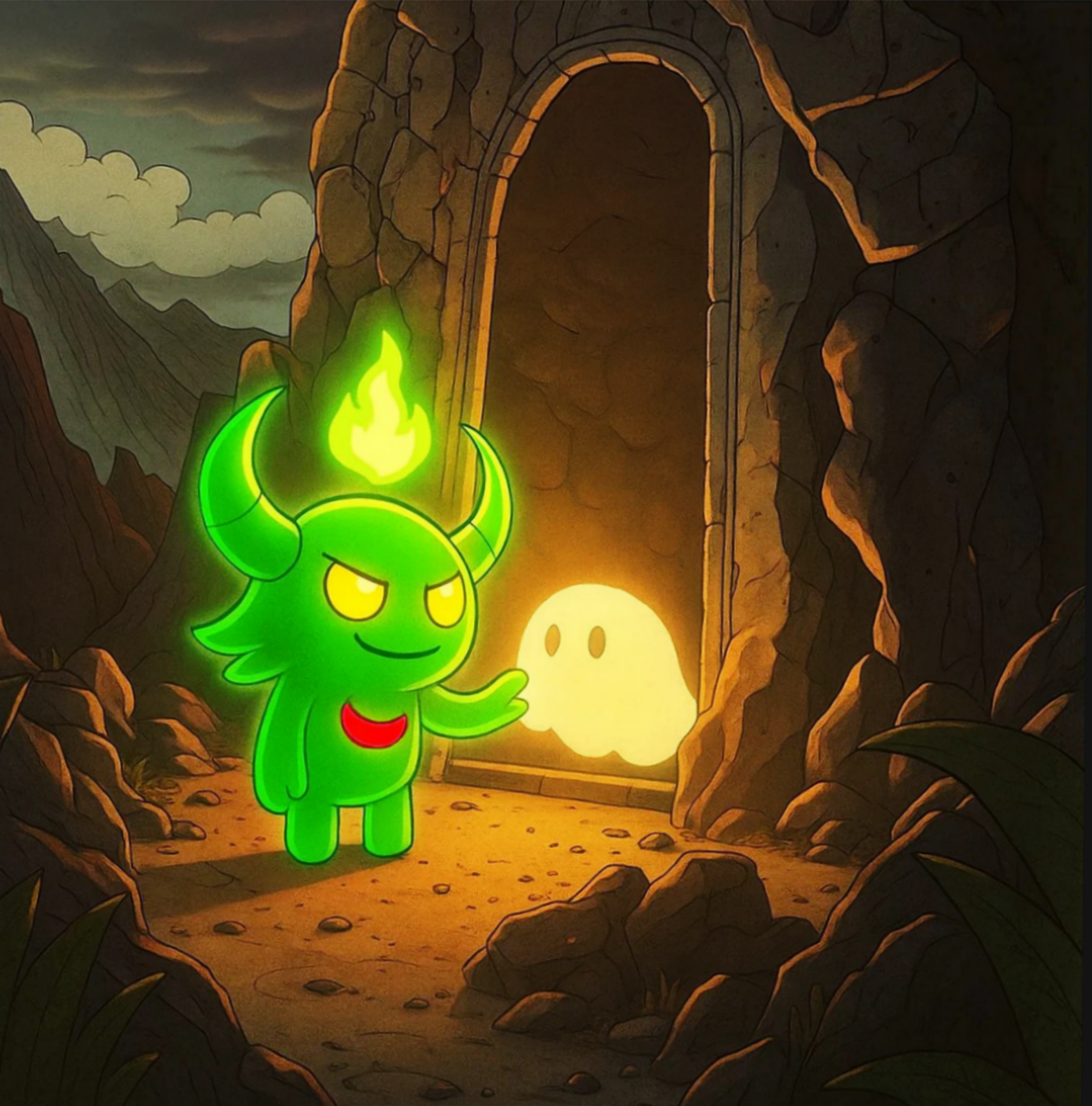 A glowing green glo character